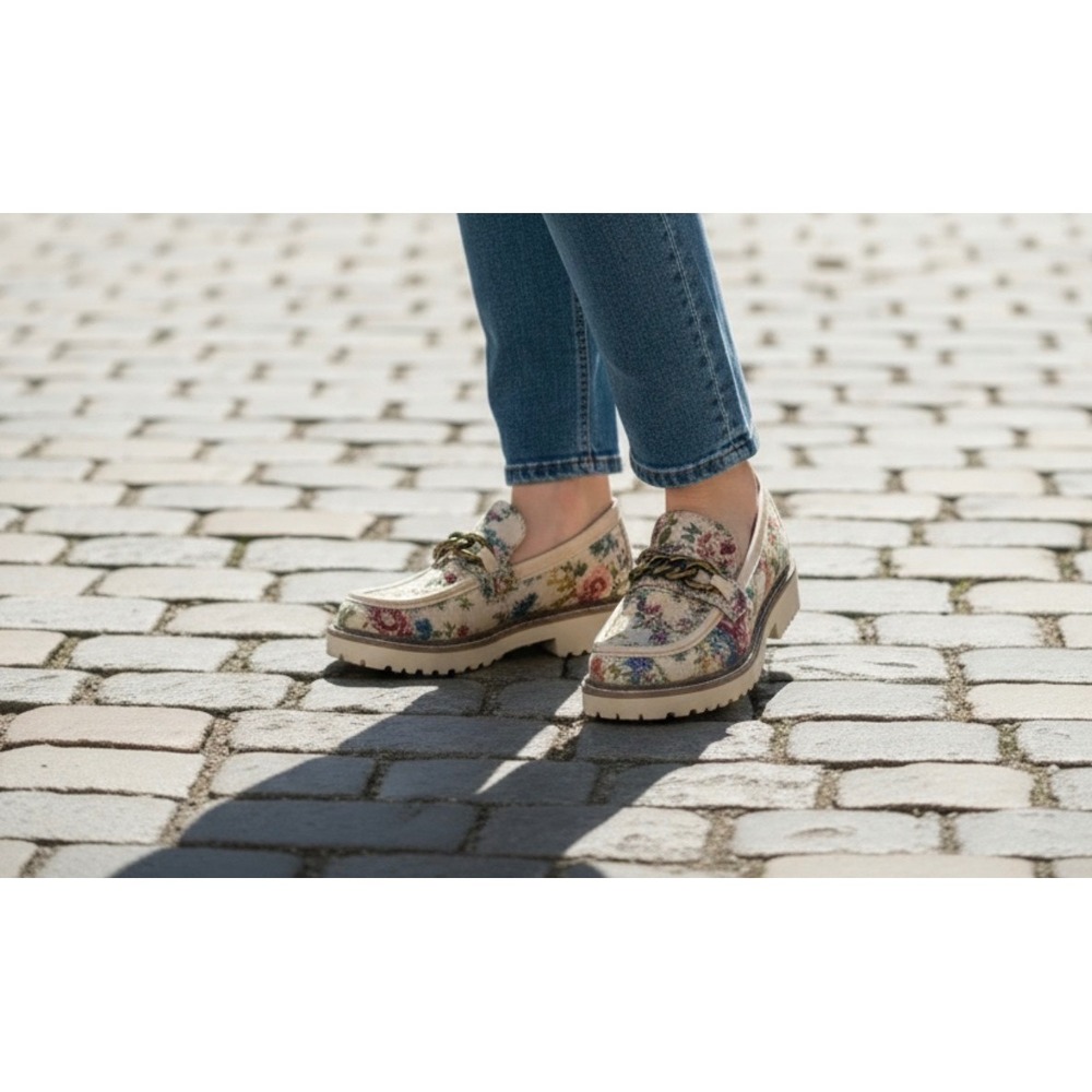 Hey Girl by Corkys Womens Floral Tapestry Lug Sole Chain Loafers Beige Size 7
